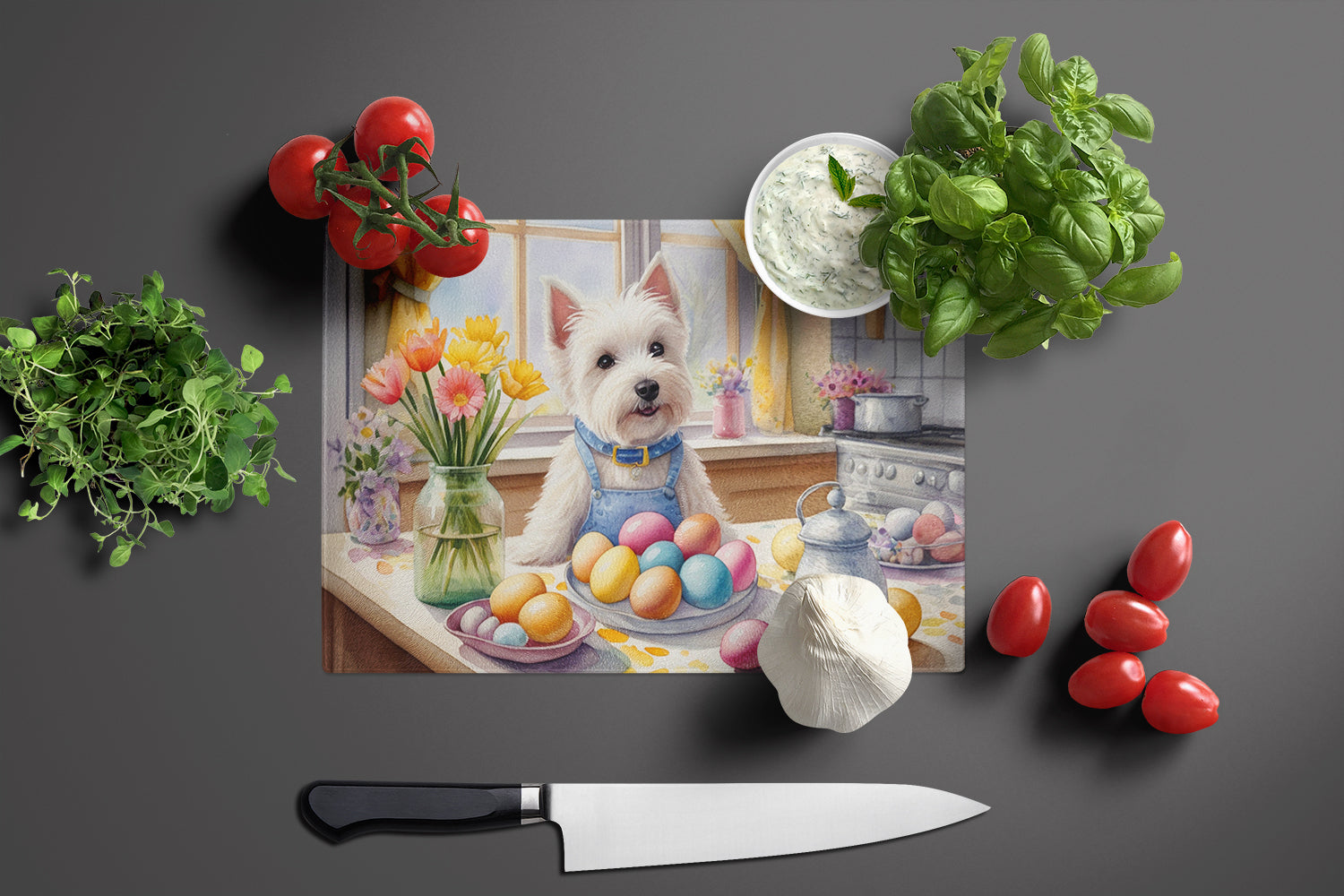 Decorating Easter Westie Glass Cutting Board