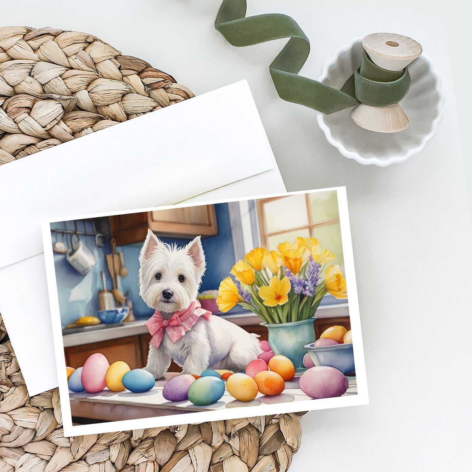 Caroline's Treasures Decorating Easter Westie Greeting Cards - Blank Note Cards – 8-Pack of Artist-Designed Cards with Envelopes