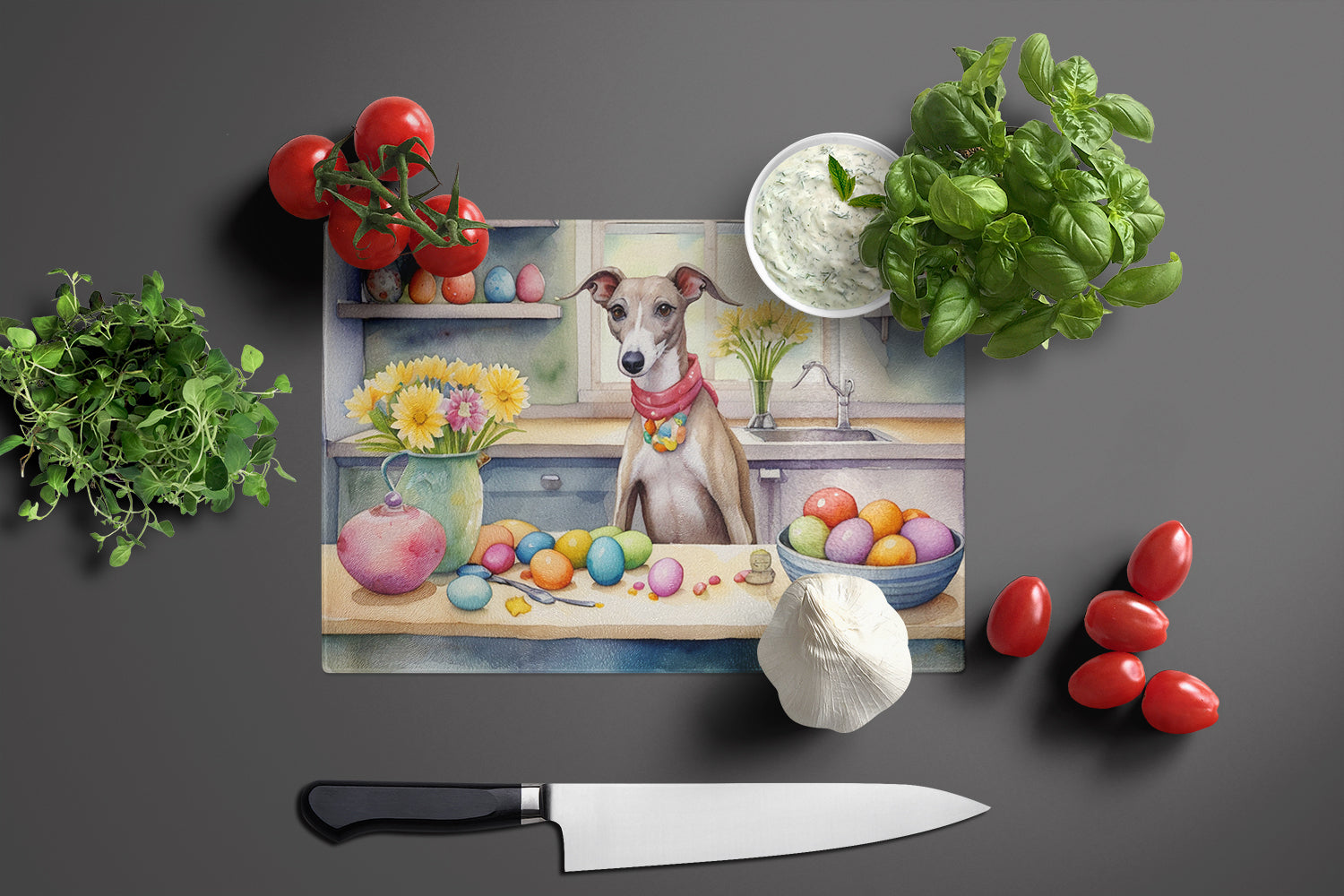 Decorating Easter Whippet Glass Cutting Board