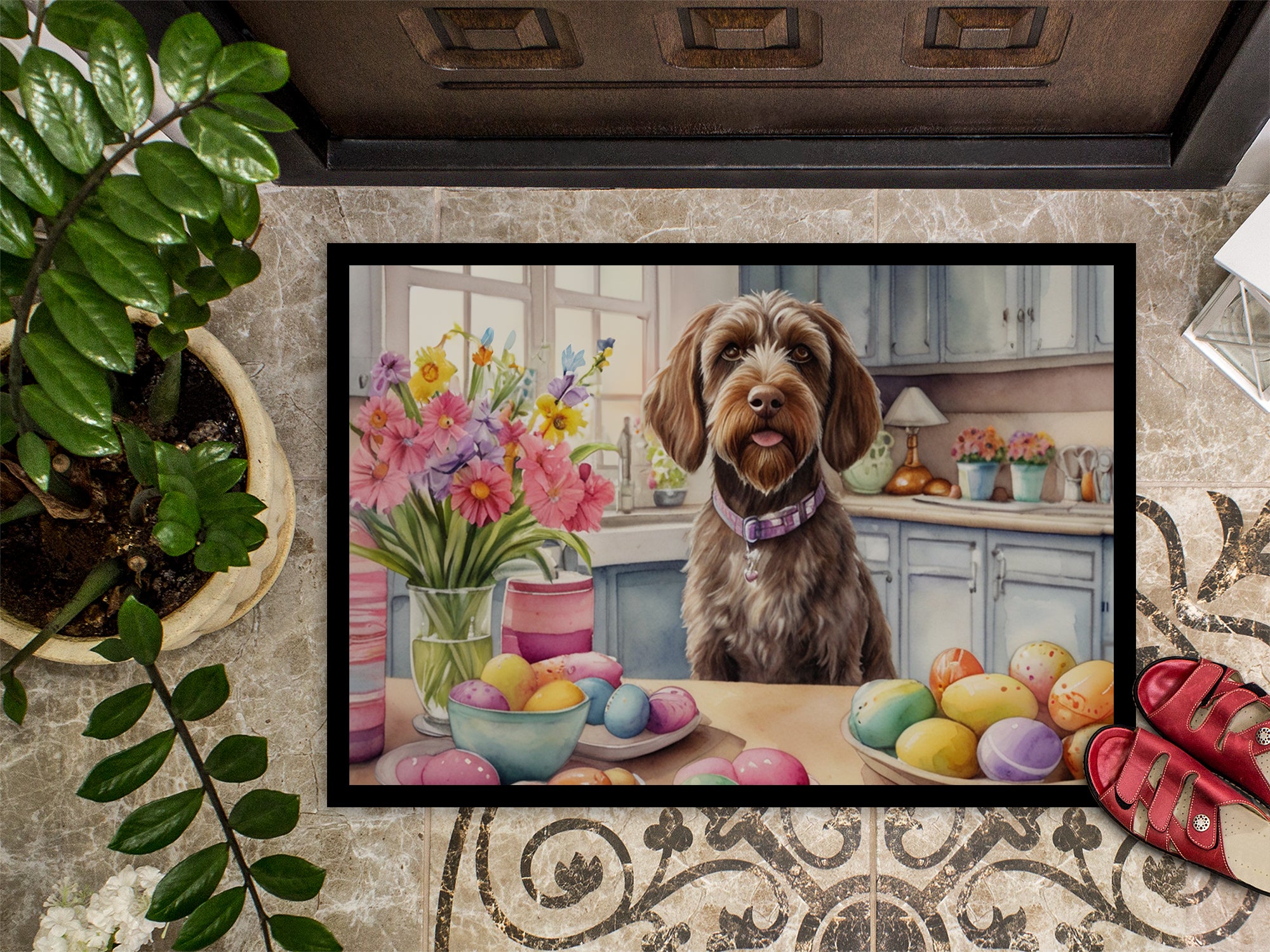 Decorating Easter Wirehaired Pointing Griffon Doormat