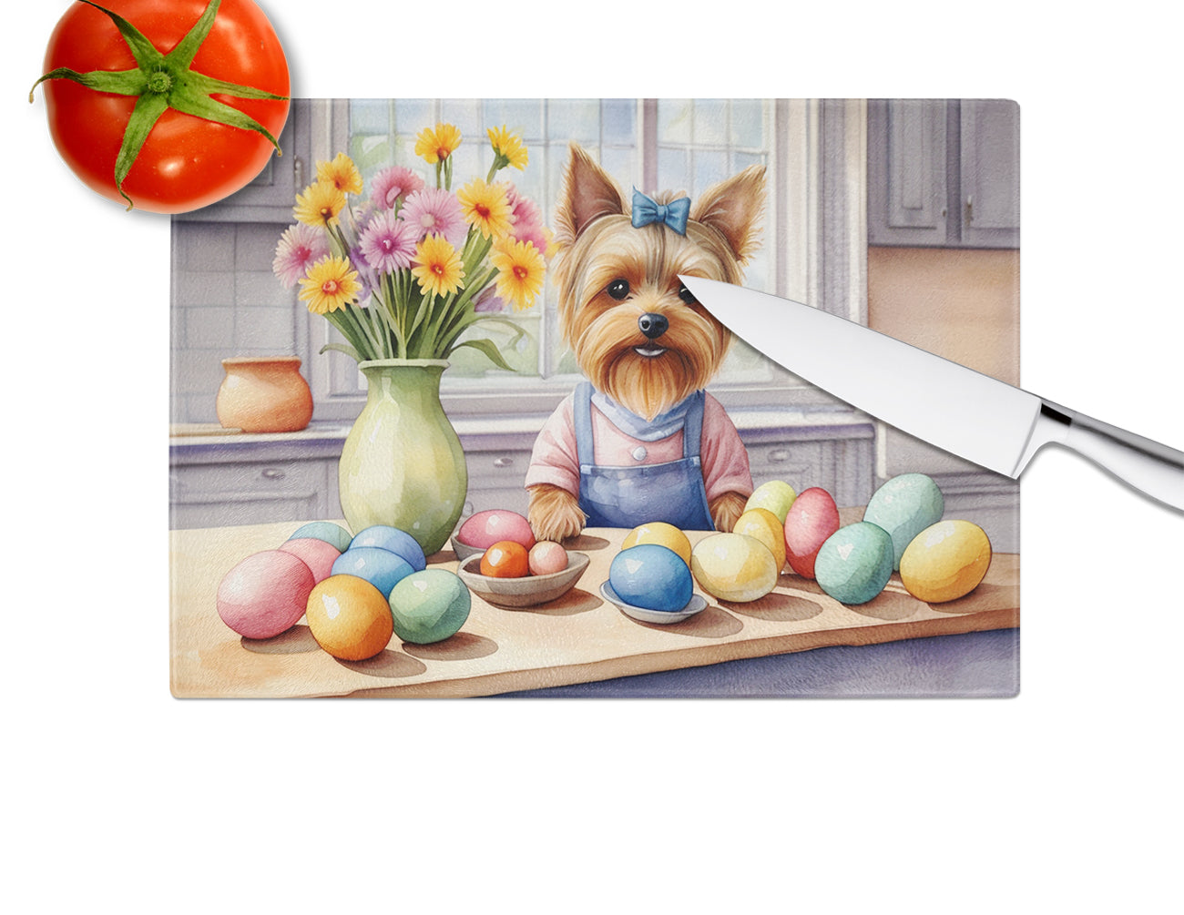 Decorating Easter Yorkshire Terrier Glass Cutting Board