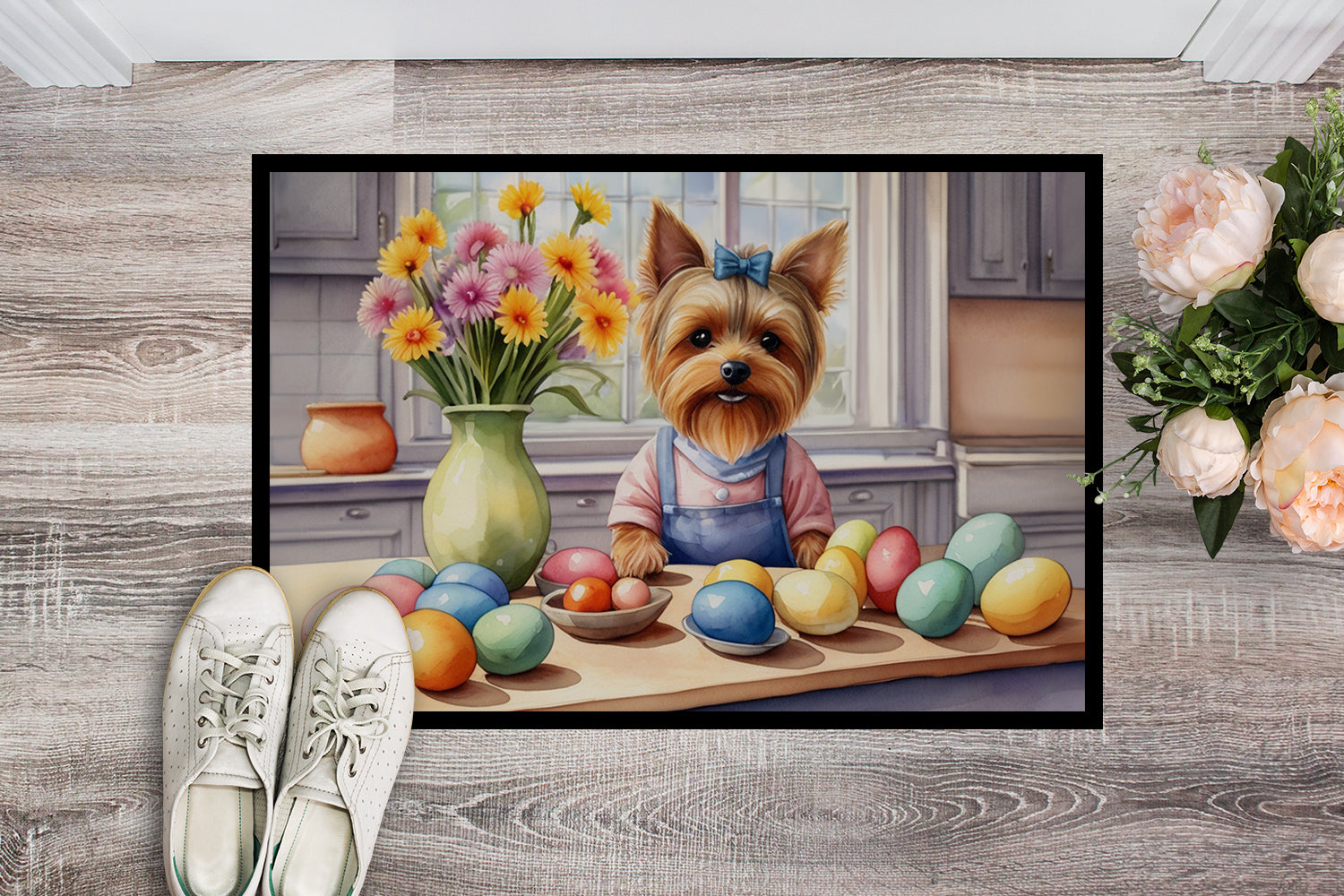 Decorating Easter Yorkshire Terrier Doormat