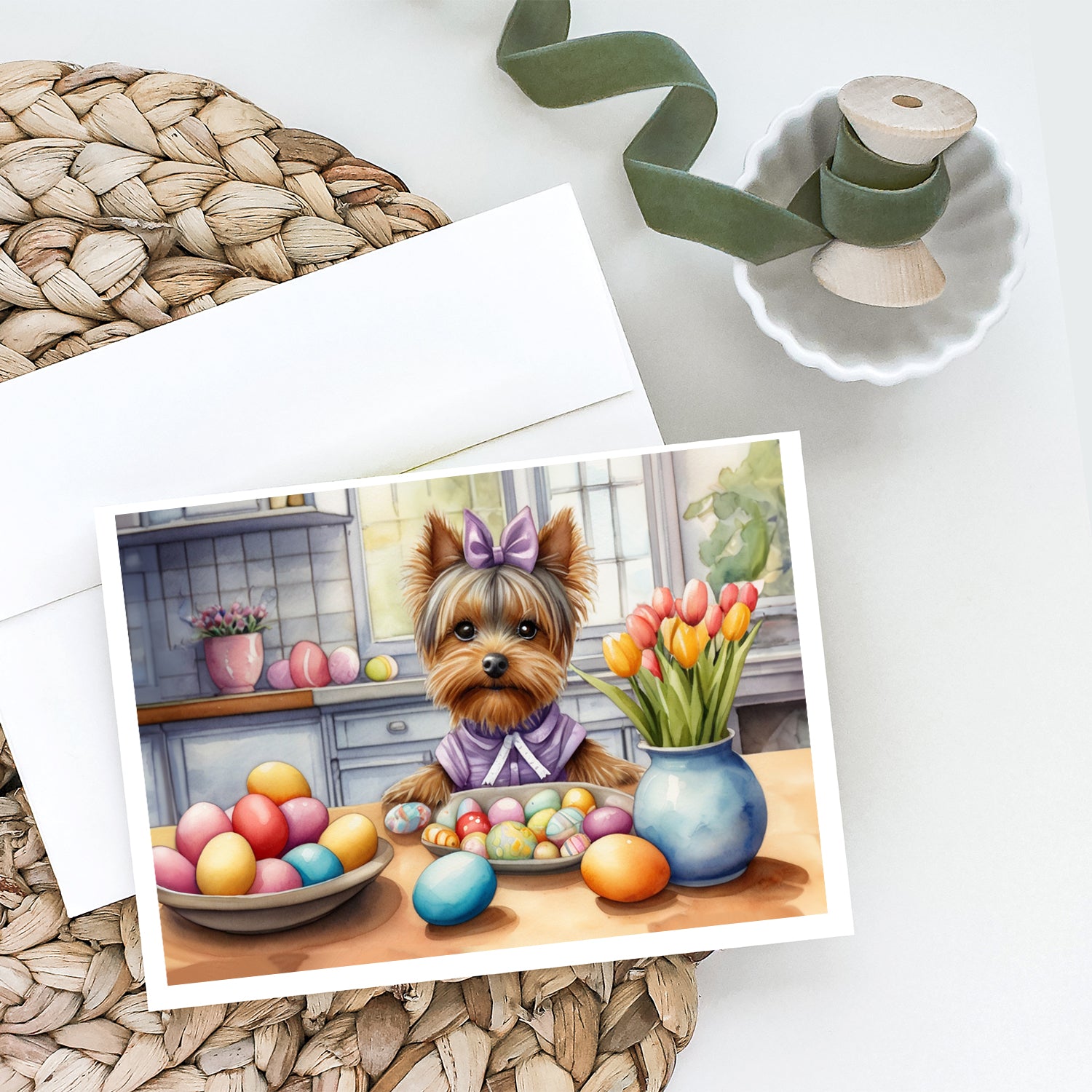 Caroline's Treasures Decorating Easter Yorkshire Terrier Greeting Cards - Blank Note Cards – 8-Pack of Artist-Designed Cards with Envelopes
