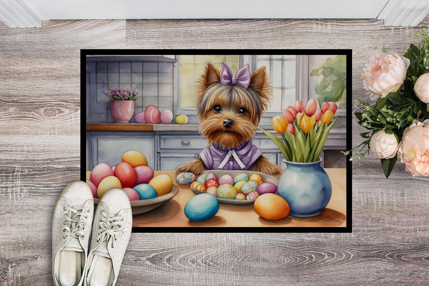 Decorating Easter Yorkshire Terrier Doormat