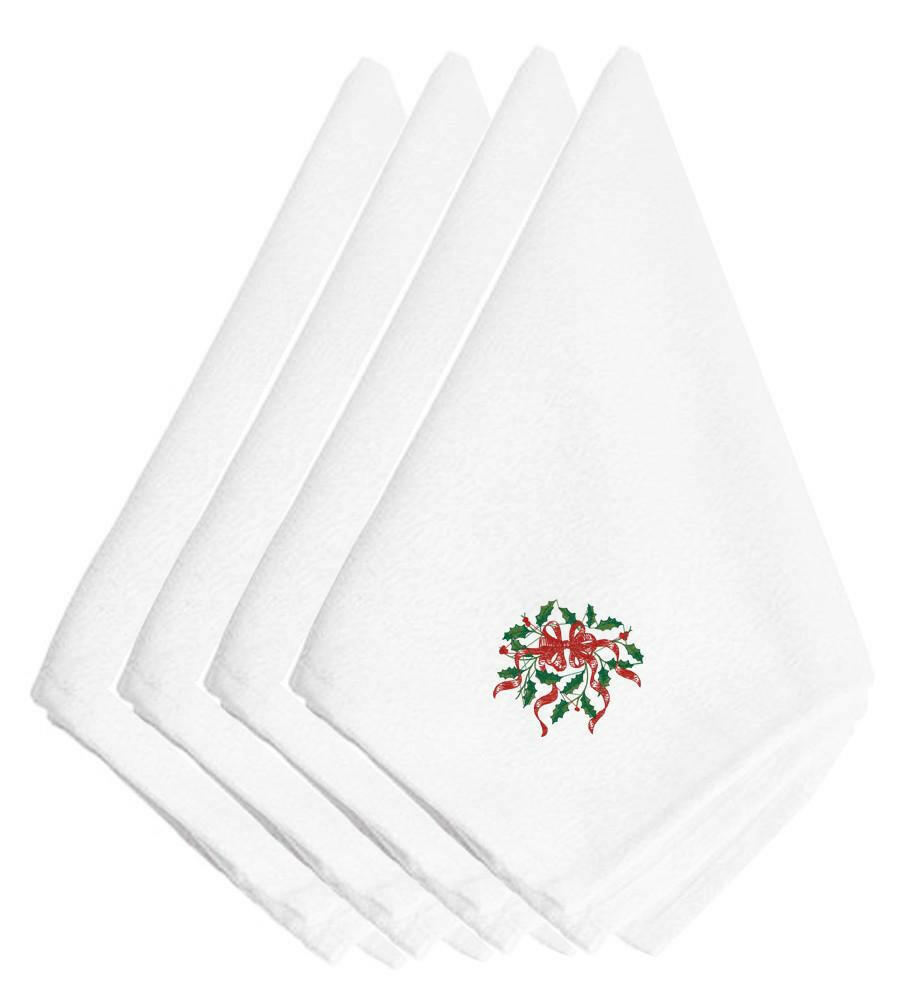 Christmas Holly with Ribbon Embroidered Napkins Set of 4 EMBT2974NPKE by Caroline's Treasures