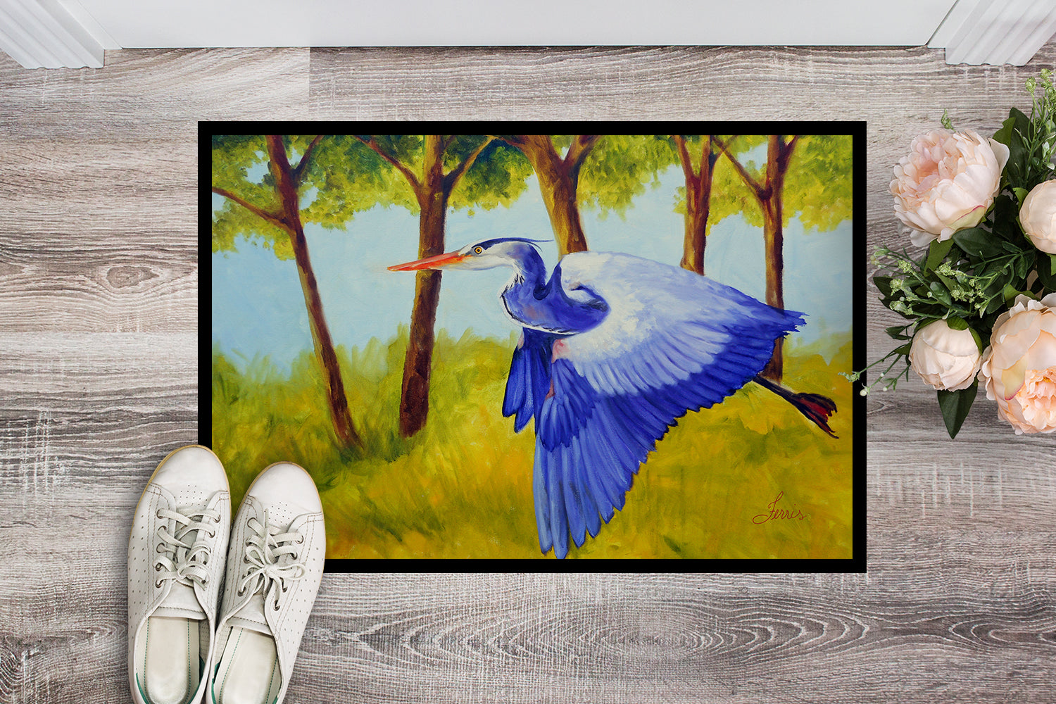 Caroline's Treasures Fyling Heron by Ferris Hotard Doormat - 18x27 Decorative Floor Mat – Indoor/Outdoor Rug with Artistic Flair