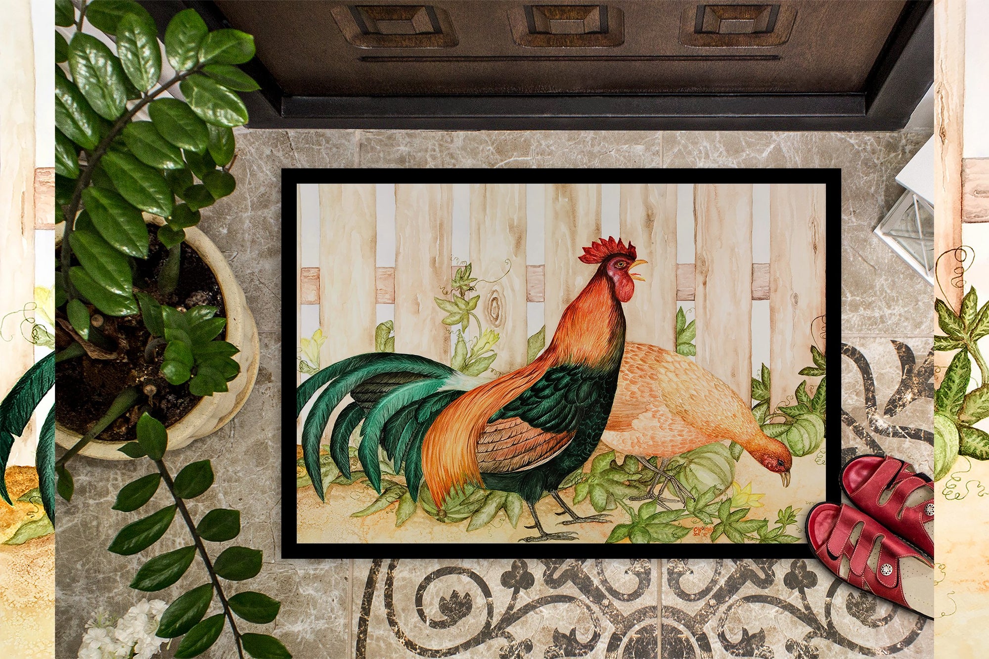 Chicken and Rooster by Ferris Hotard Indoor or Outdoor Mat 24x36 - the-store.com