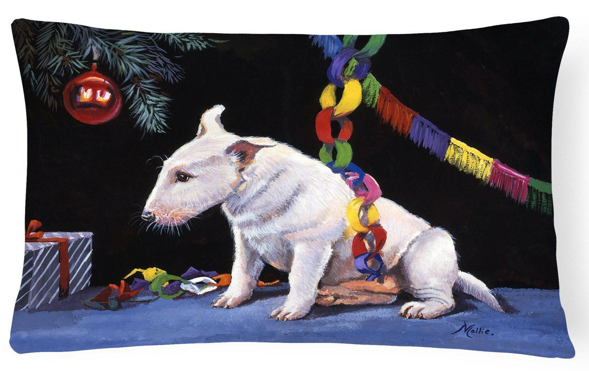 Bull Terrier under the Christmas Tree Fabric Decorative Pillow FMF0012PW1216 by Caroline&#39;s Treasures