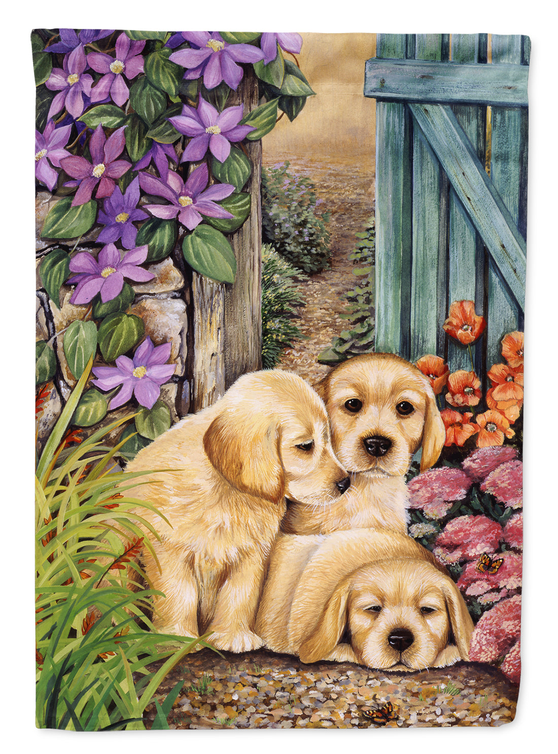 Yellow Labrador Puppies by Lesley Hallas Flag Canvas House Size HLH0418CHF