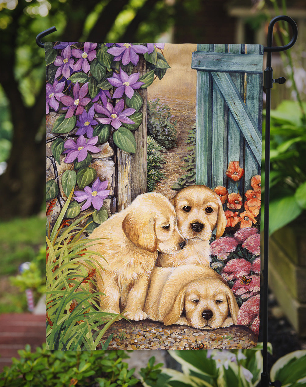 Yellow Labrador Puppies by Lesley Hallas Flag Garden Size HLH0418GF.