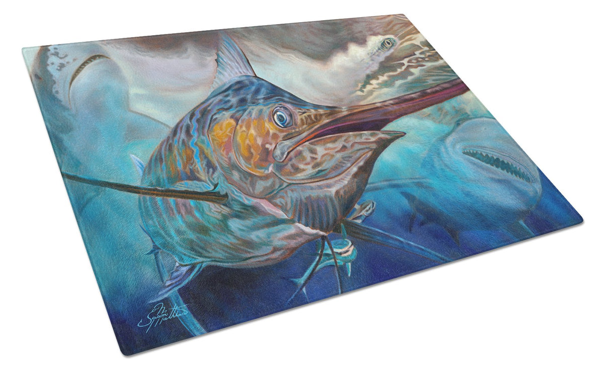 Running The Guantlet Blue Marlin Glass Cutting Board Large JMA2000LCB by Caroline&#39;s Treasures