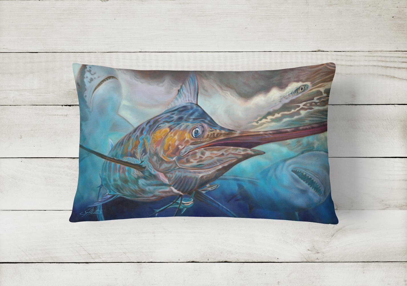 Running The Guantlet Blue Marlin Canvas Fabric Decorative Pillow JMA2000PW1216 by Caroline's Treasures
