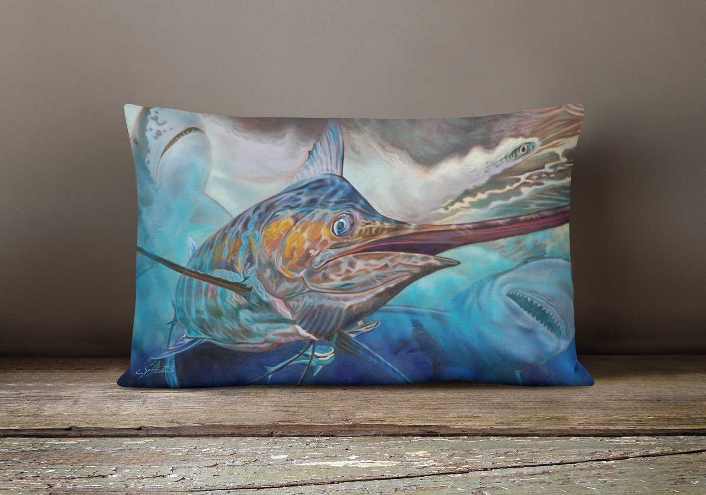 Running The Guantlet Blue Marlin Canvas Fabric Decorative Pillow JMA2000PW1216 by Caroline's Treasures