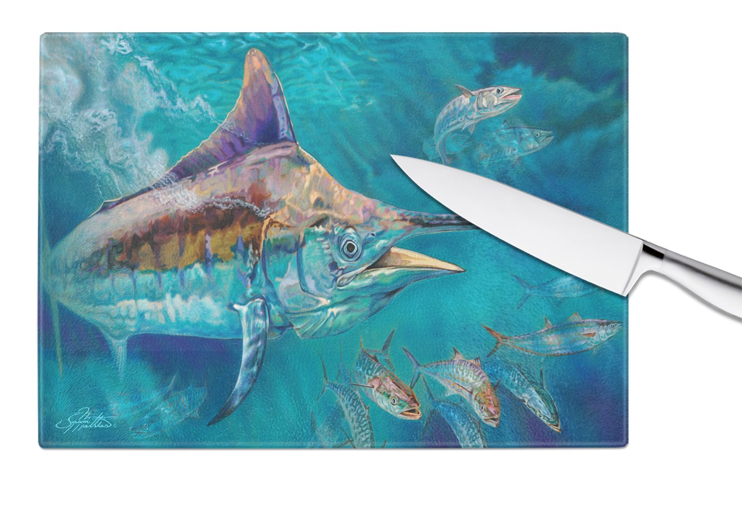 Caroline's Treasures Liquid Metal Black Marlin Glass Cutting Boards – Durable, Decorative Kitchen Art Large JMA2005LCB