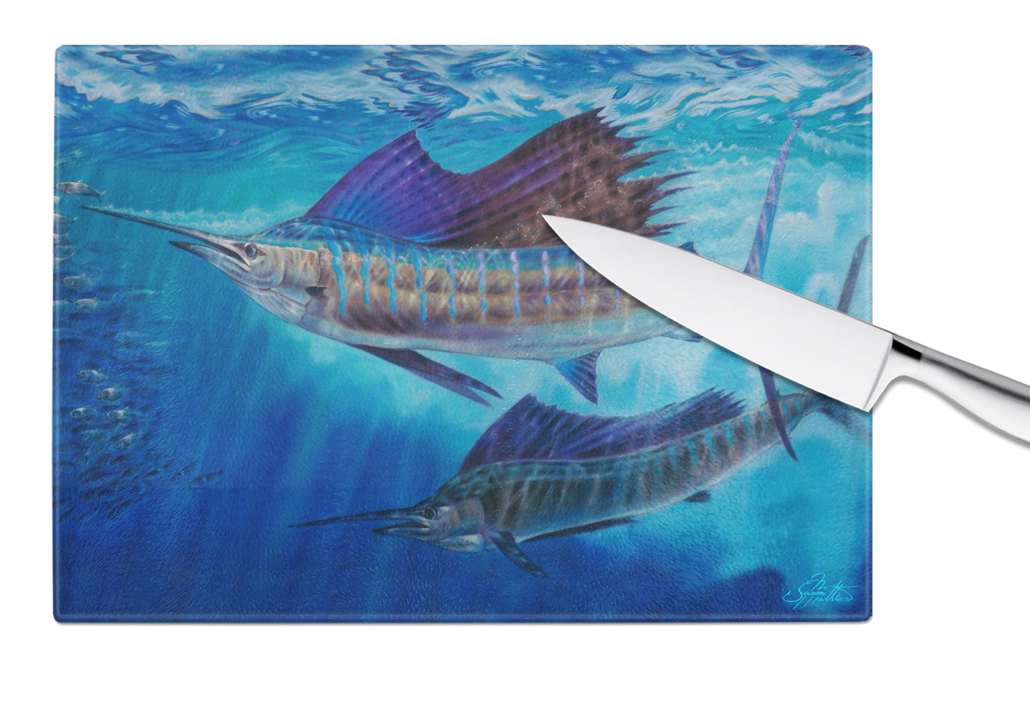 Caroline's Treasures Wide Open Sailfish Glass Cutting Boards – Durable, Decorative Kitchen Art Large JMA2011LCB