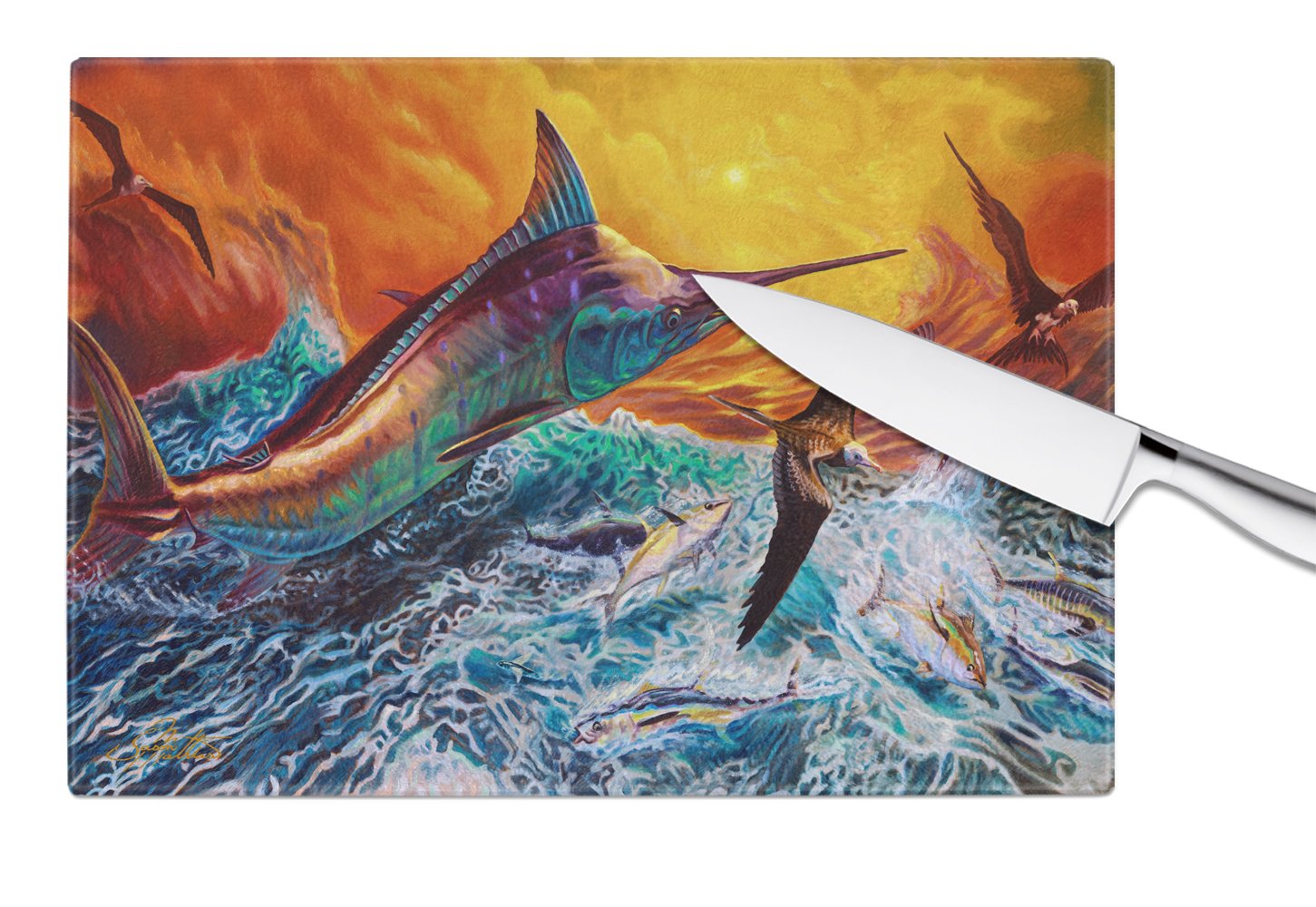Caroline's Treasures Reflective Chaos Blue Marlin Glass Cutting Boards – Durable, Decorative Kitchen Art Large JMA2012LCB