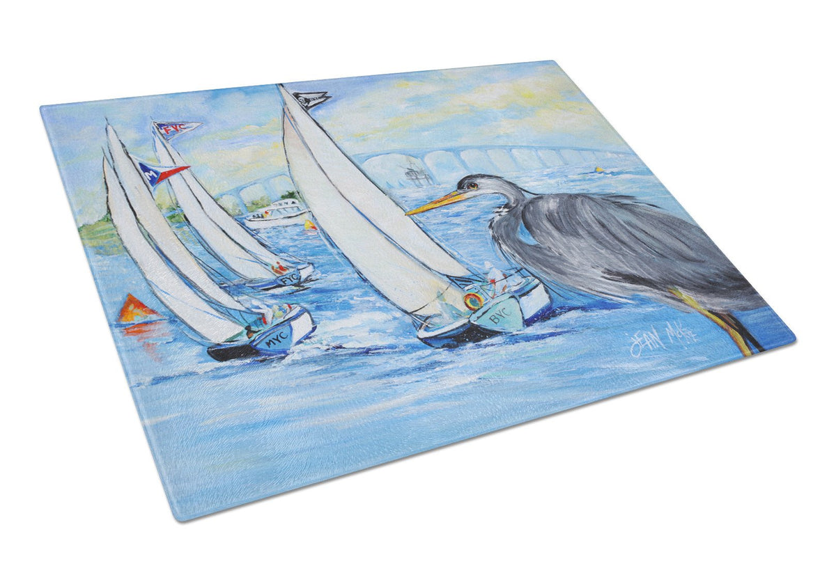 Blue Heron Sailboats Dog River Bridge Glass Cutting Board Large JMK1001LCB by Caroline&#39;s Treasures