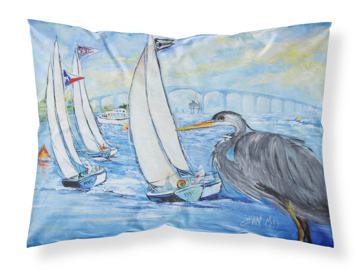 Blue Heron Sailboats Dog River Bridge Fabric Standard Pillowcase by Caroline's Treasures