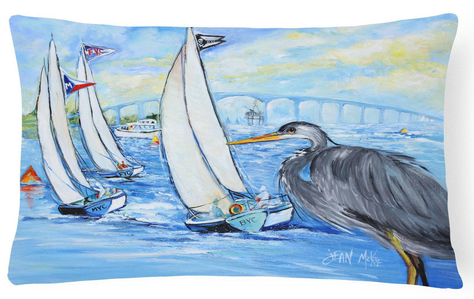 Blue Heron Sailboats Dog River Bridge Canvas Fabric Decorative Pillow by Caroline's Treasures