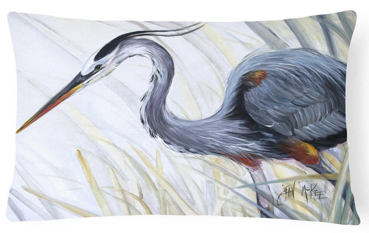 Blue Heron Frog hunting Canvas Fabric Decorative Pillow JMK1017PW1216 by Caroline&#39;s Treasures
