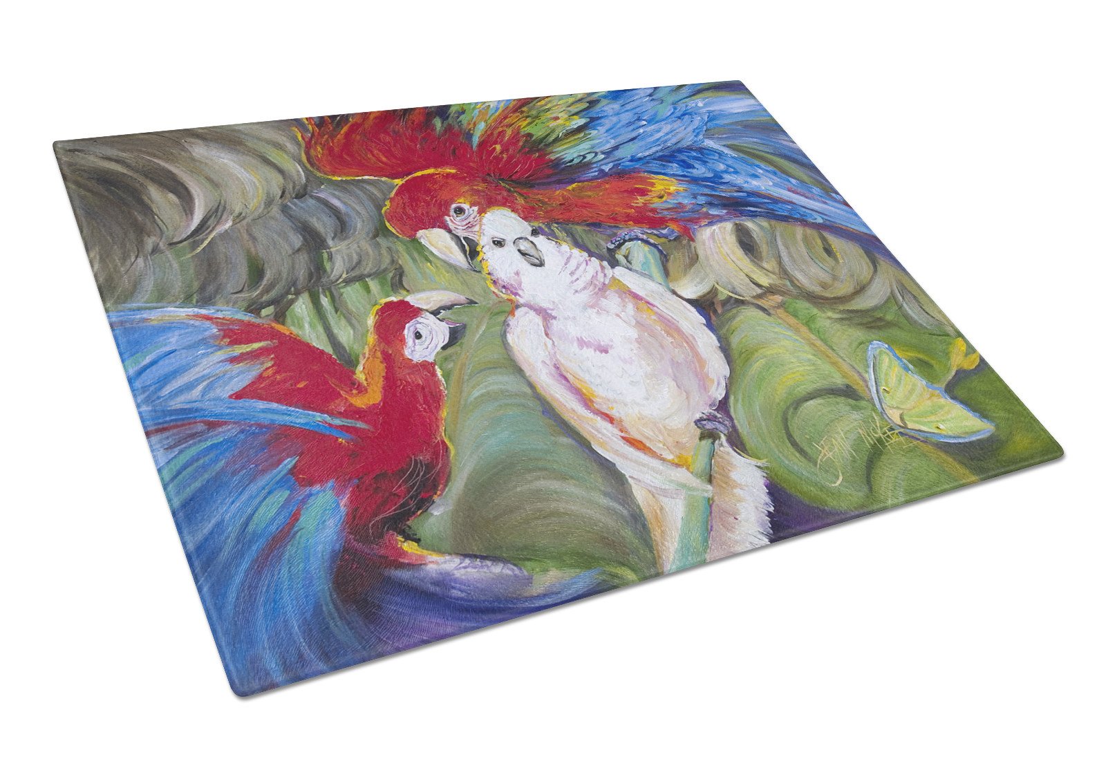 Menage-a-trois Parrots Glass Cutting Board Large JMK1018LCB by Caroline's Treasures