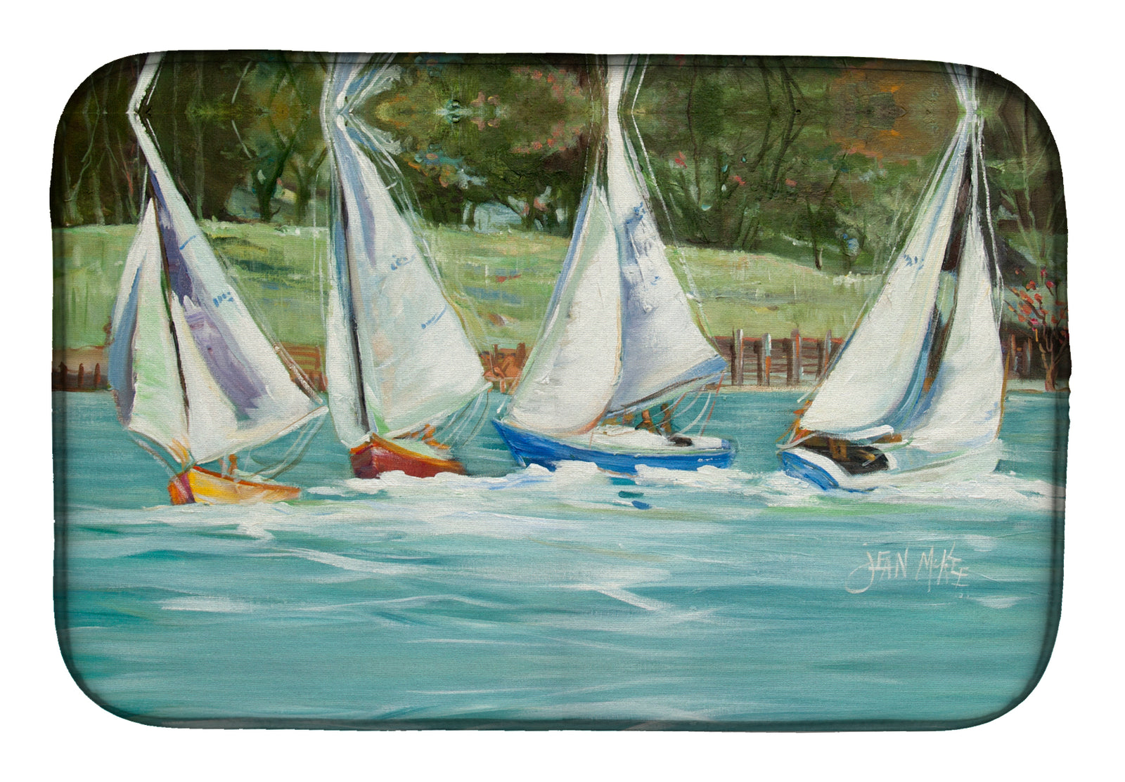 Sailboats on the bay Dish Drying Mat JMK1035DDM  the-store.com.
