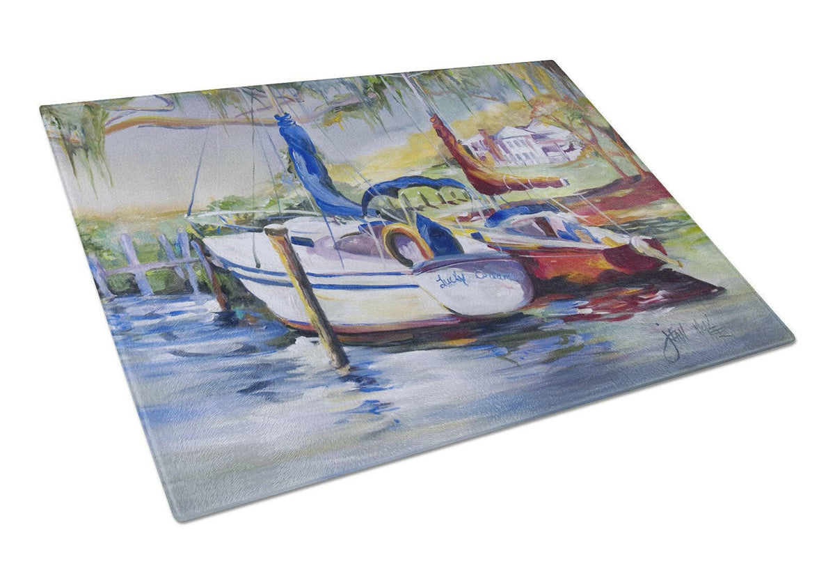 Lucky Dream Sailboat Glass Cutting Board Large JMK1053LCB by Caroline&#39;s Treasures