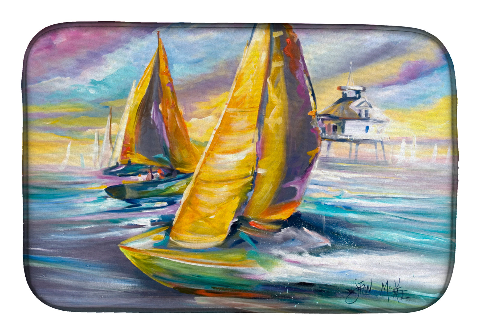 Sailboat with Middle Bay Lighthouse Dish Drying Mat JMK1061DDM  the-store.com.