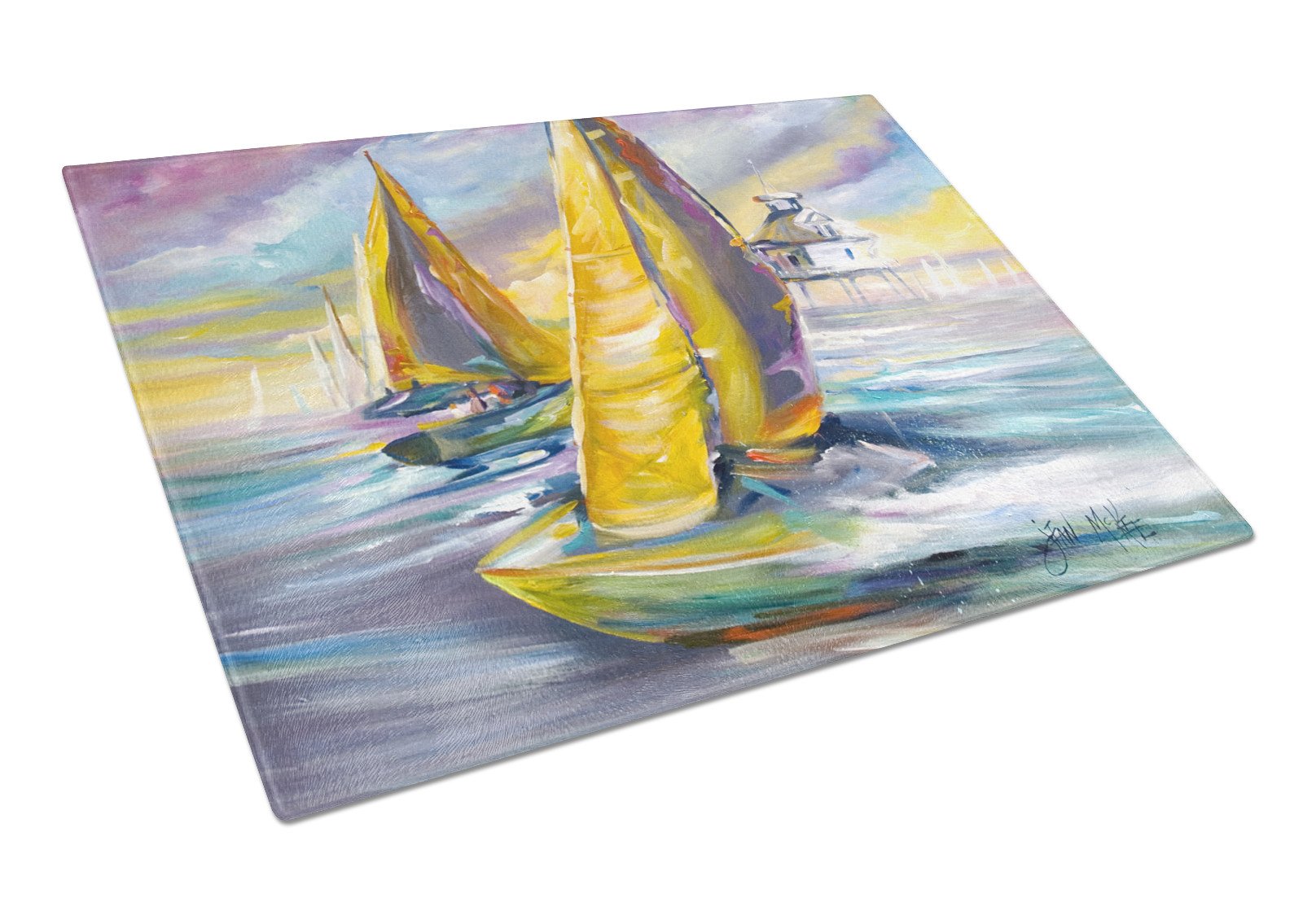 Sailboat with Middle Bay Lighthouse Glass Cutting Board Large JMK1061LCB by Caroline's Treasures