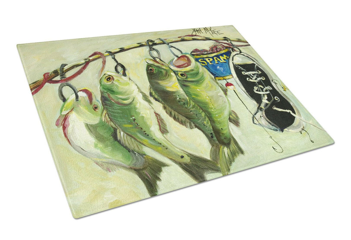 Recession Food Fish caught with Spam Glass Cutting Board Large JMK1113LCB by Caroline&#39;s Treasures
