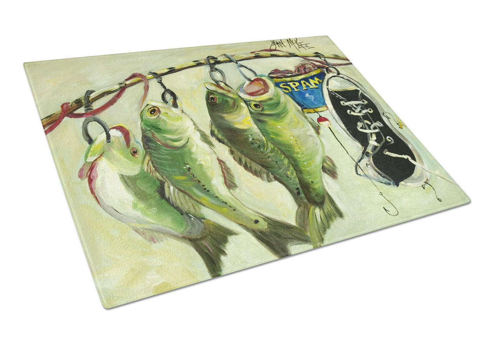 Recession Food Fish caught with Spam Glass Cutting Board Large JMK1113LCB by Caroline's Treasures
