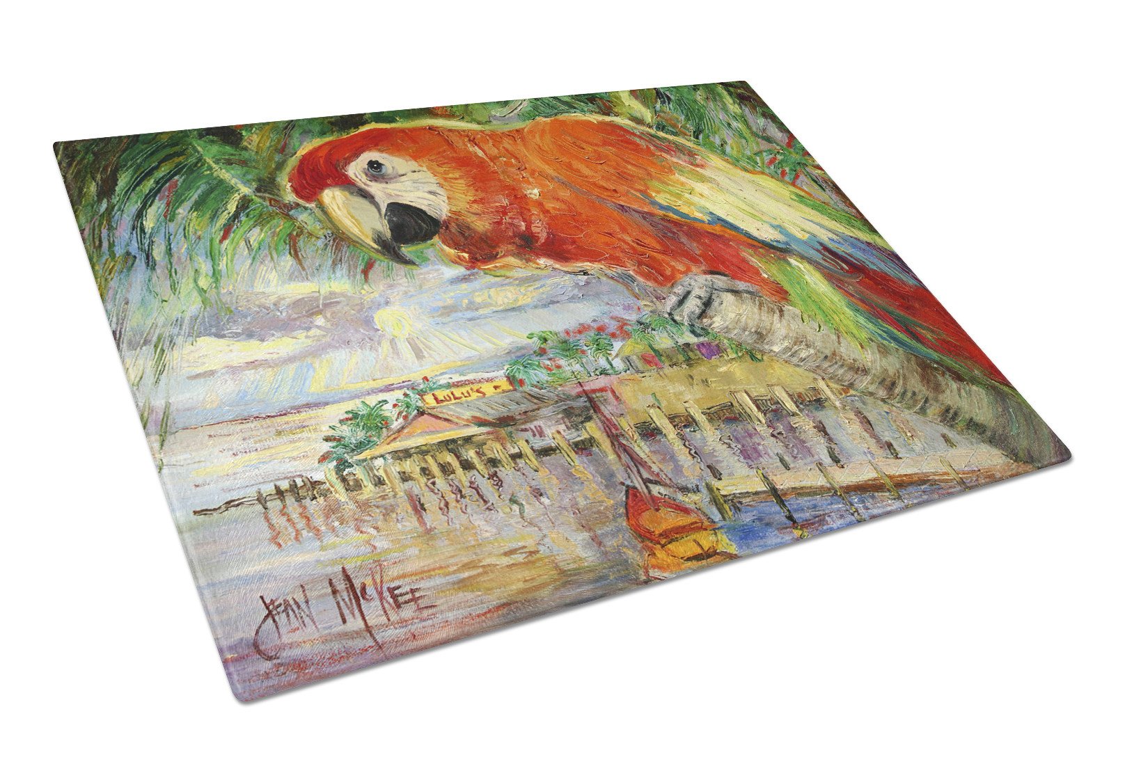 Red Parrot at Lulu's Glass Cutting Board Large JMK1134LCB by Caroline's Treasures