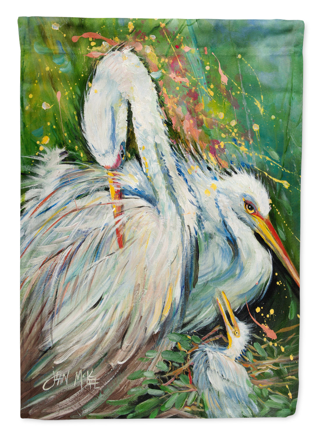 White Egret in the Rain Flag Canvas House Size JMK1139CHF