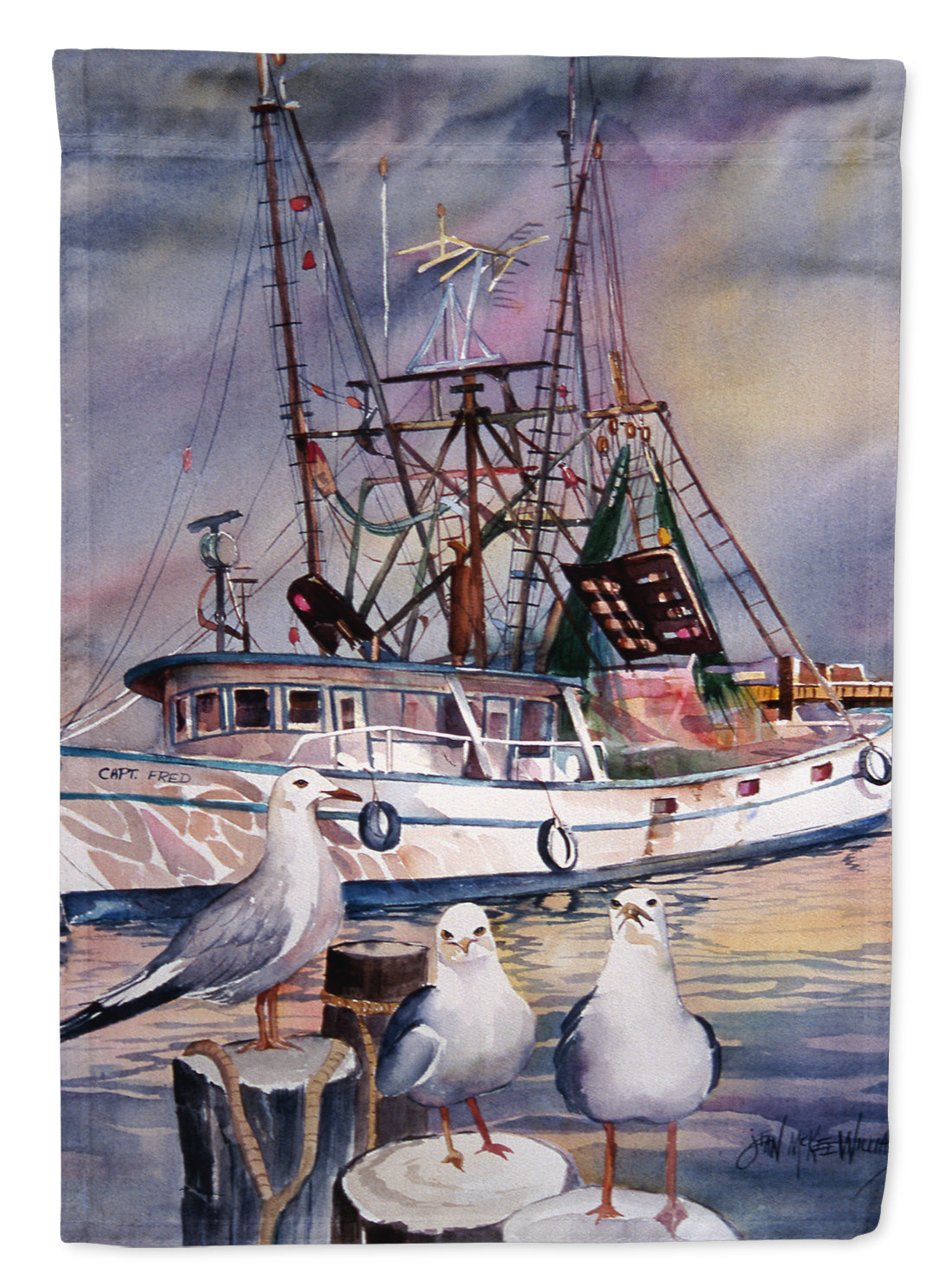 Sea Gulls and shrimp boats Flag Canvas House Size JMK1196CHF