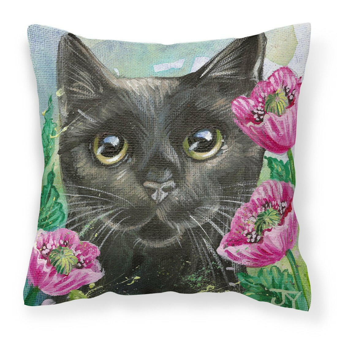 Black Cat in Flowers Fabric Decorative Pillow JYJ0176PW1414 by Caroline&#39;s Treasures