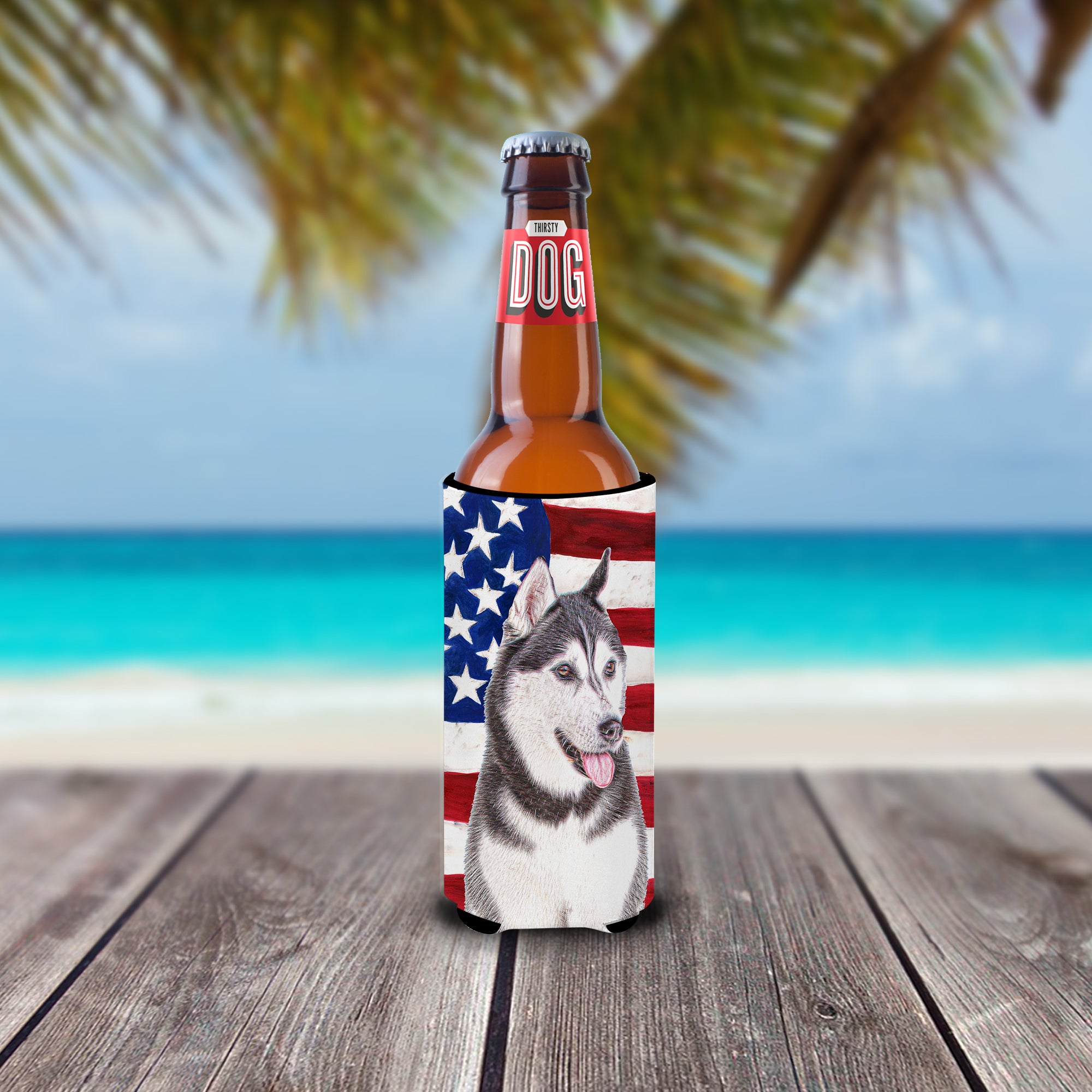 USA American Flag with Alaskan Malamute Ultra Beverage Insulators for slim cans KJ1154MUK.