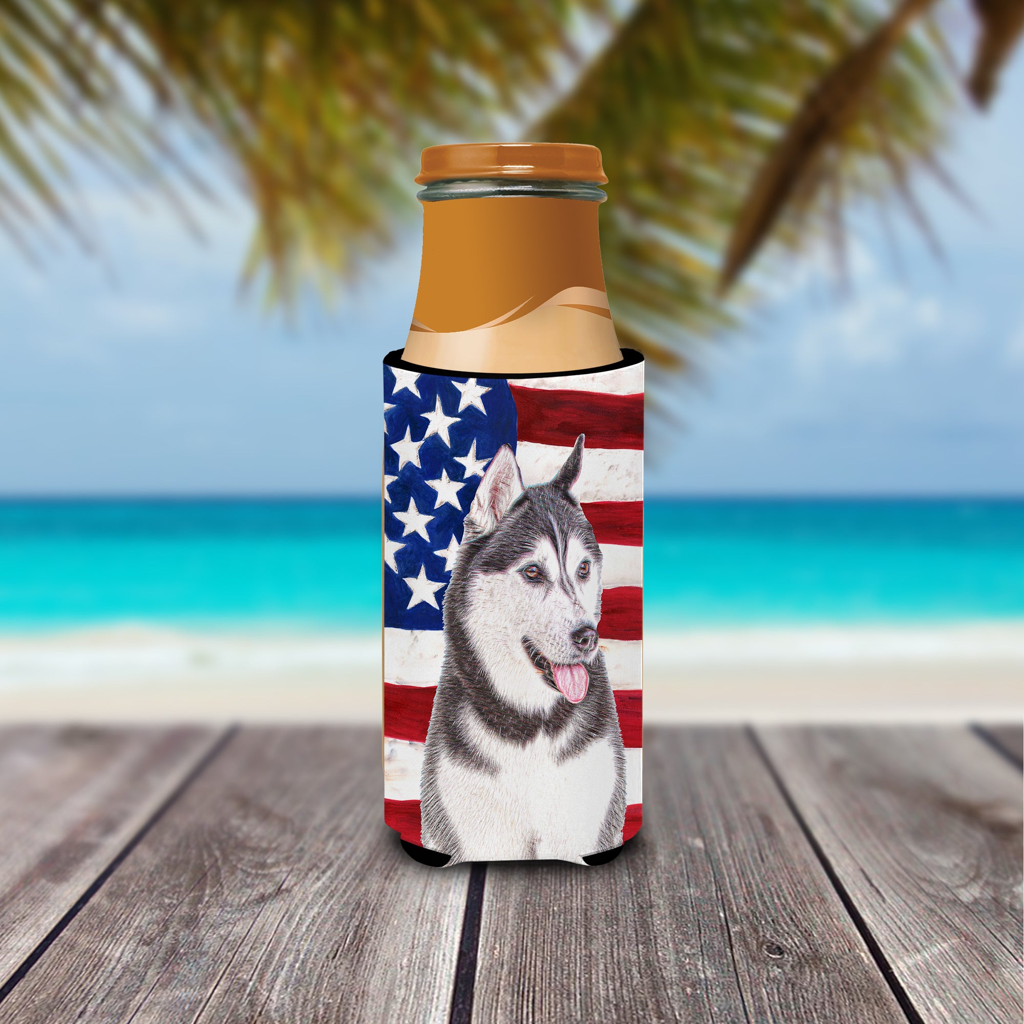USA American Flag with Alaskan Malamute Ultra Beverage Insulators for slim cans KJ1154MUK