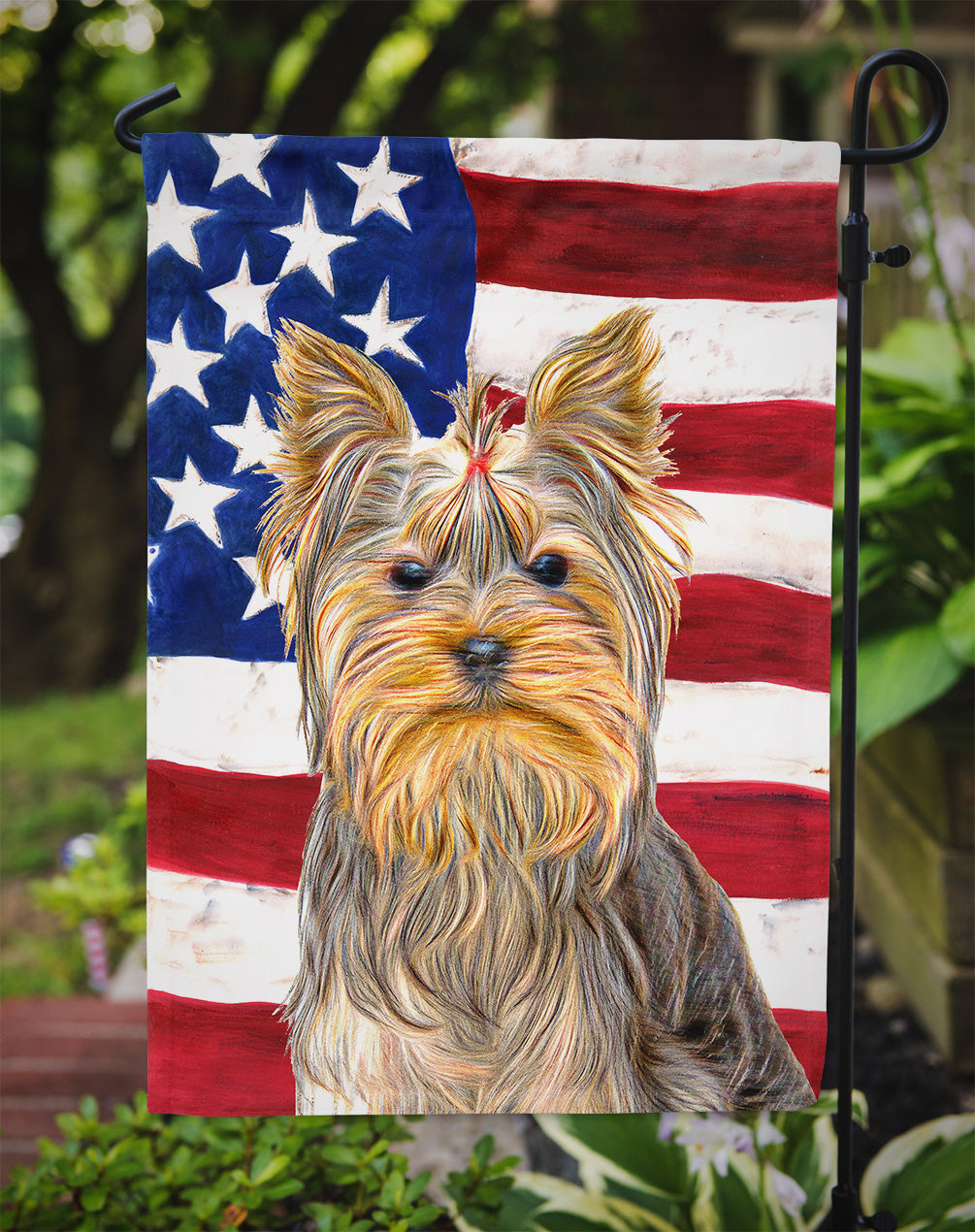 Caroline's Treasures USA American Flag with Yorkie / Yorkshire Terrier Garden Flag – Decorative Outdoor Yard Flag KJ1156GF