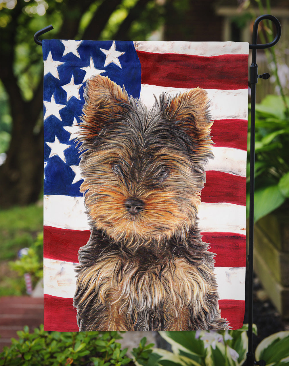 USA American Flag with Yorkie Puppy / Yorkshire Terrier Flag Garden Size KJ1160GF.