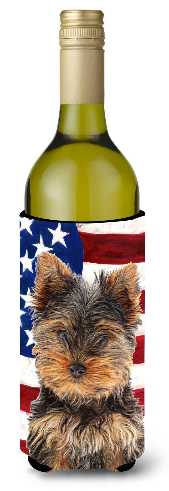 USA American Flag with Yorkie Puppy / Yorkshire Terrier Wine Bottle Beverage Insulator Hugger KJ1160LITERK by Caroline&#39;s Treasures