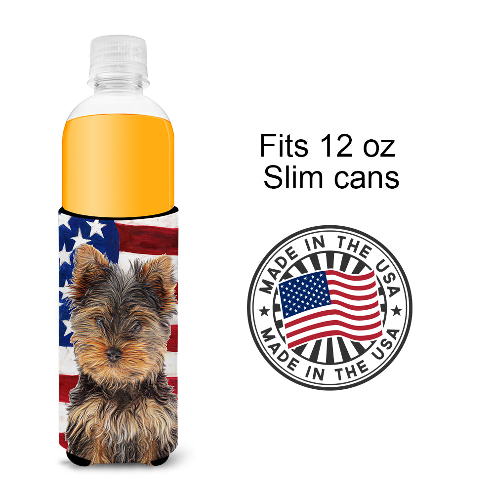 USA American Flag with Yorkie Puppy / Yorkshire Terrier Ultra Beverage Insulators for slim cans KJ1160MUK.