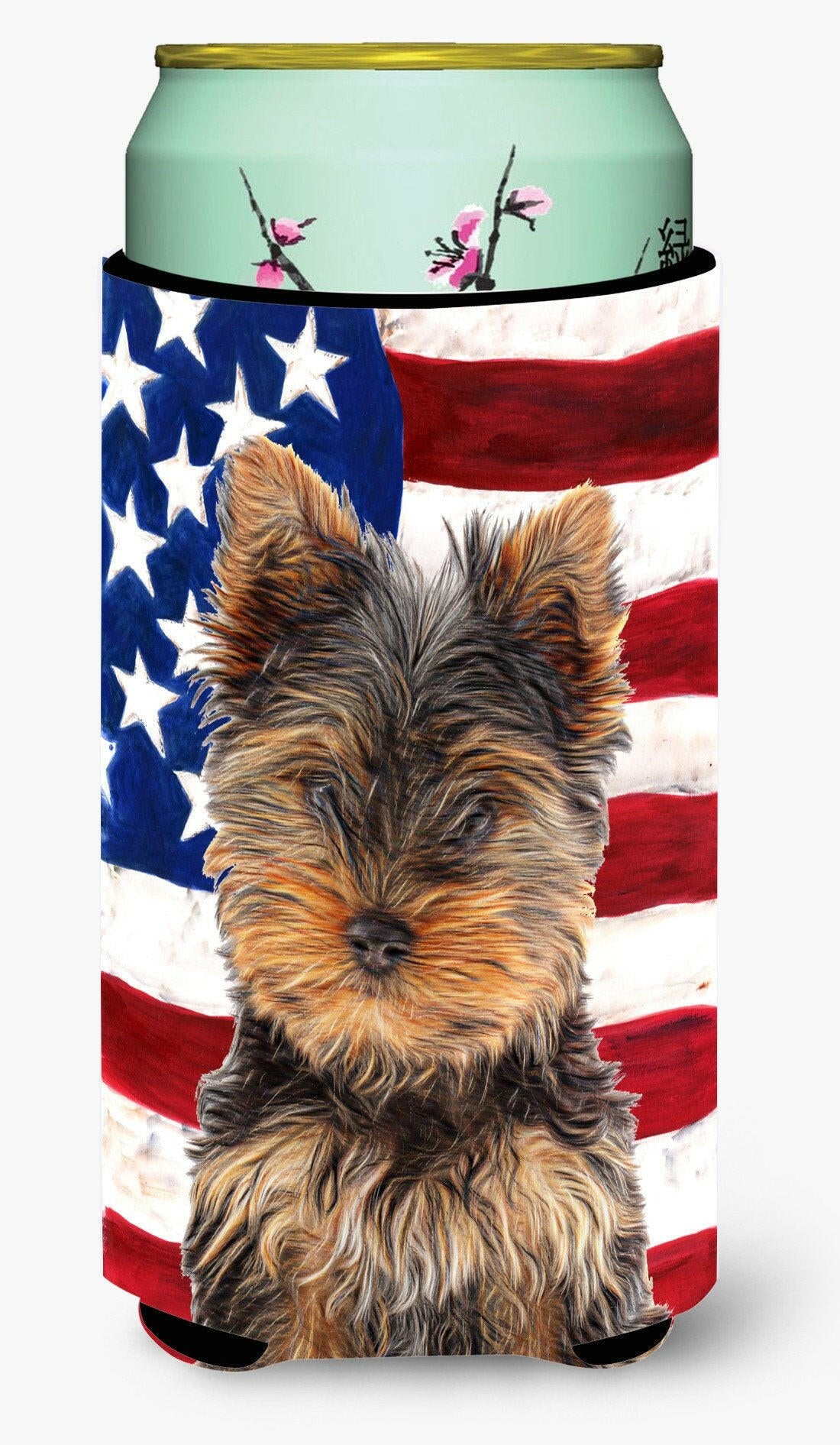 USA American Flag with Yorkie Puppy / Yorkshire Terrier Tall Boy Beverage Insulator Hugger KJ1160TBC by Caroline&#39;s Treasures