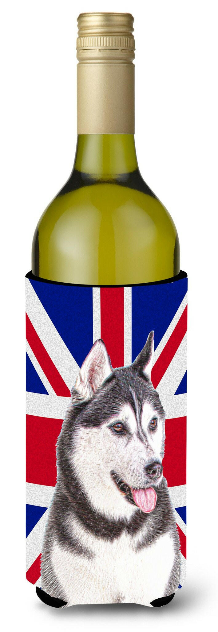 Alaskan Malamute with English Union Jack British Flag Wine Bottle Beverage Insulator Hugger KJ1161LITERK by Caroline&#39;s Treasures