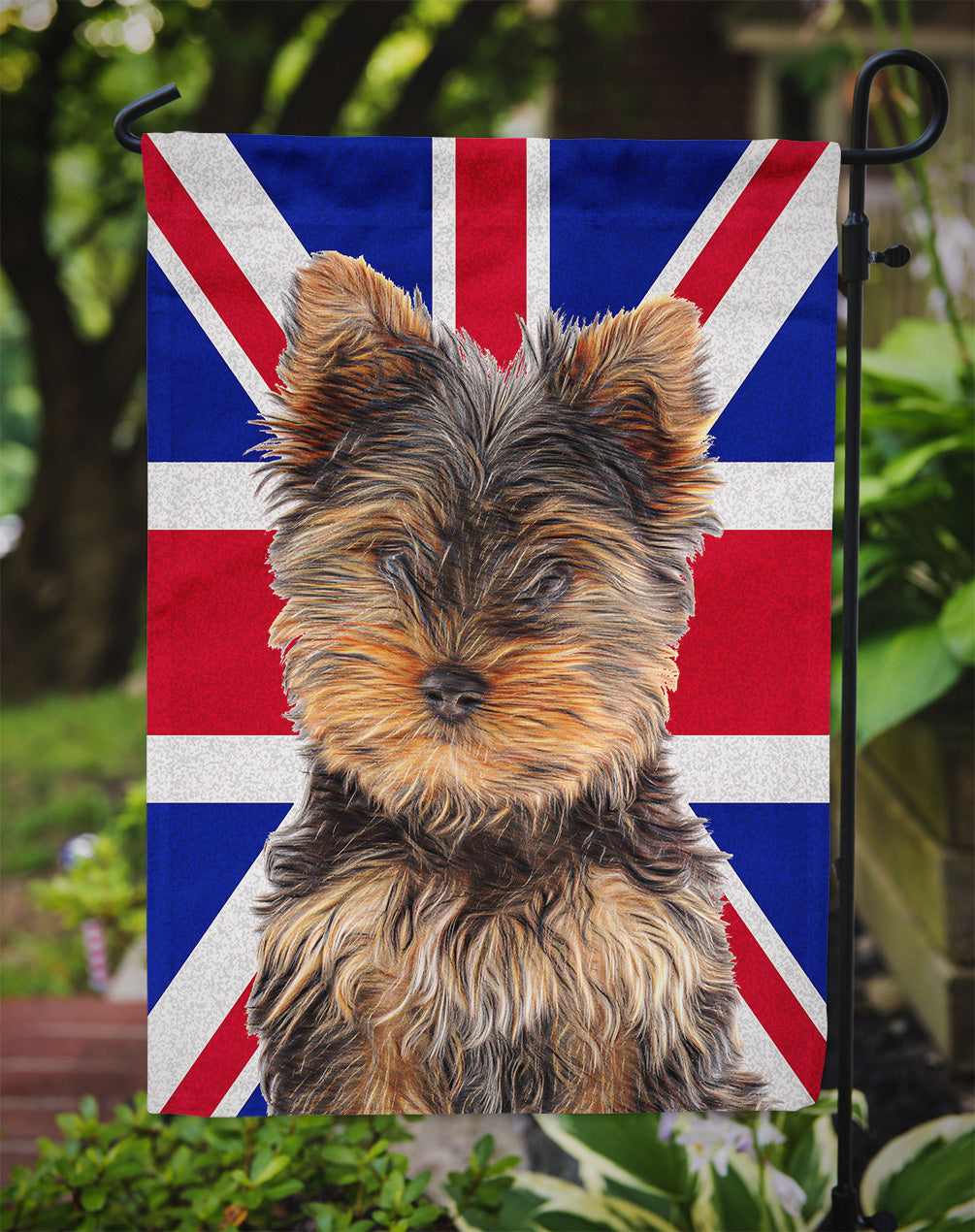 Yorkie Puppy / Yorkshire Terrier with English Union Jack British Flag Flag Garden Size KJ1167GF.