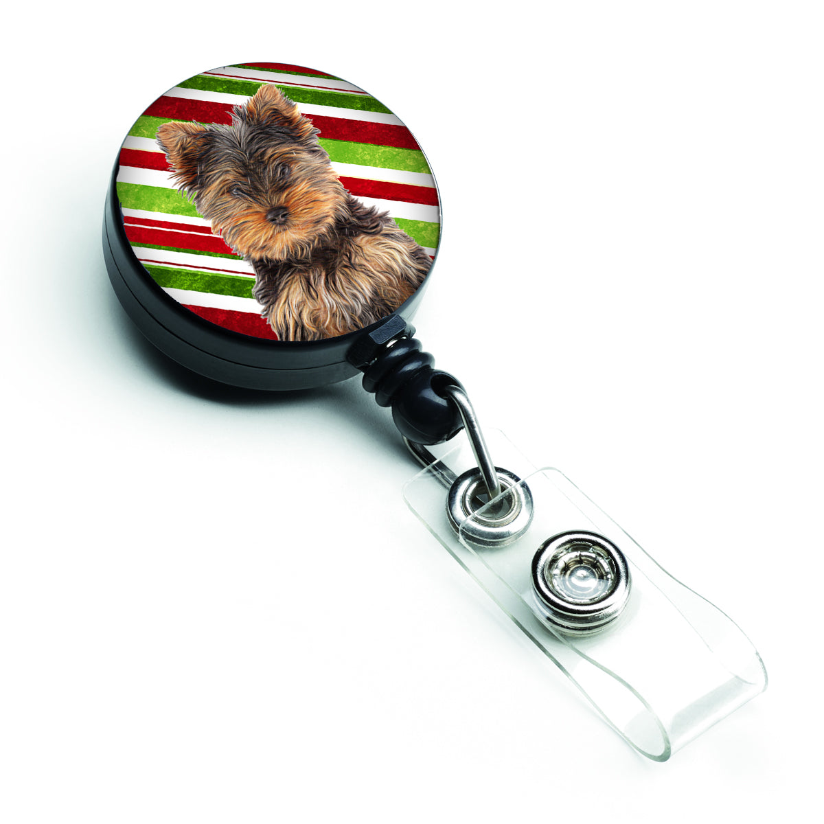 Candy Cane Holiday Christmas Yorkie Puppy / Yorkshire Terrier Retractable Badge Reel KJ1174BR.
