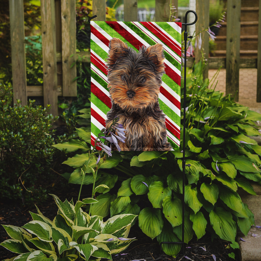 Candy Cane Holiday Christmas Yorkie Puppy / Yorkshire Terrier Flag Garden Size KJ1174GF.