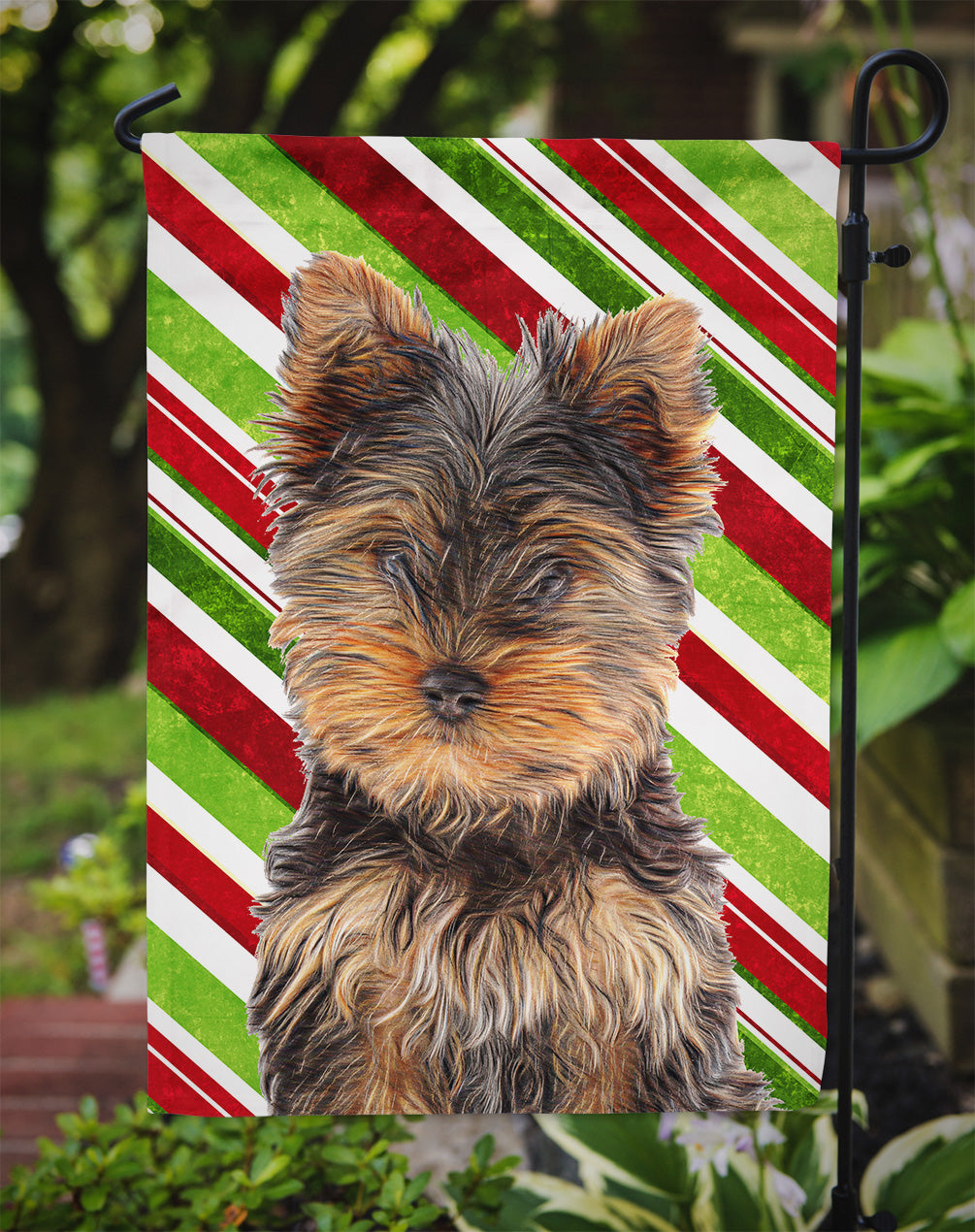 Candy Cane Holiday Christmas Yorkie Puppy / Yorkshire Terrier Flag Garden Size KJ1174GF