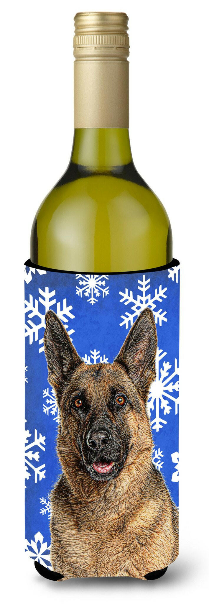 Winter Snowflakes Holiday German Shepherd Wine Bottle Beverage Insulator Hugger KJ1180LITERK by Caroline&#39;s Treasures