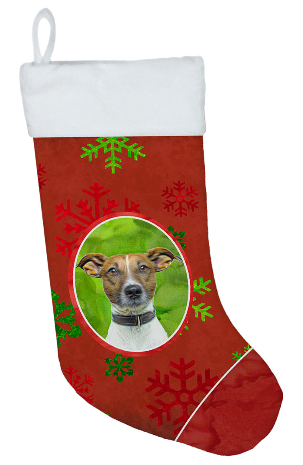 Red Snowflakes Holiday Christmas  Jack Russell Terrier Christmas Stocking KJ1183CS