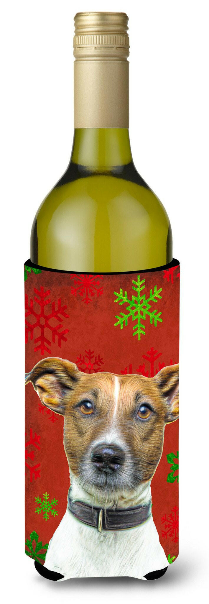 Red Snowflakes Holiday Christmas  Jack Russell Terrier Wine Bottle Beverage Insulator Hugger KJ1183LITERK by Caroline&#39;s Treasures
